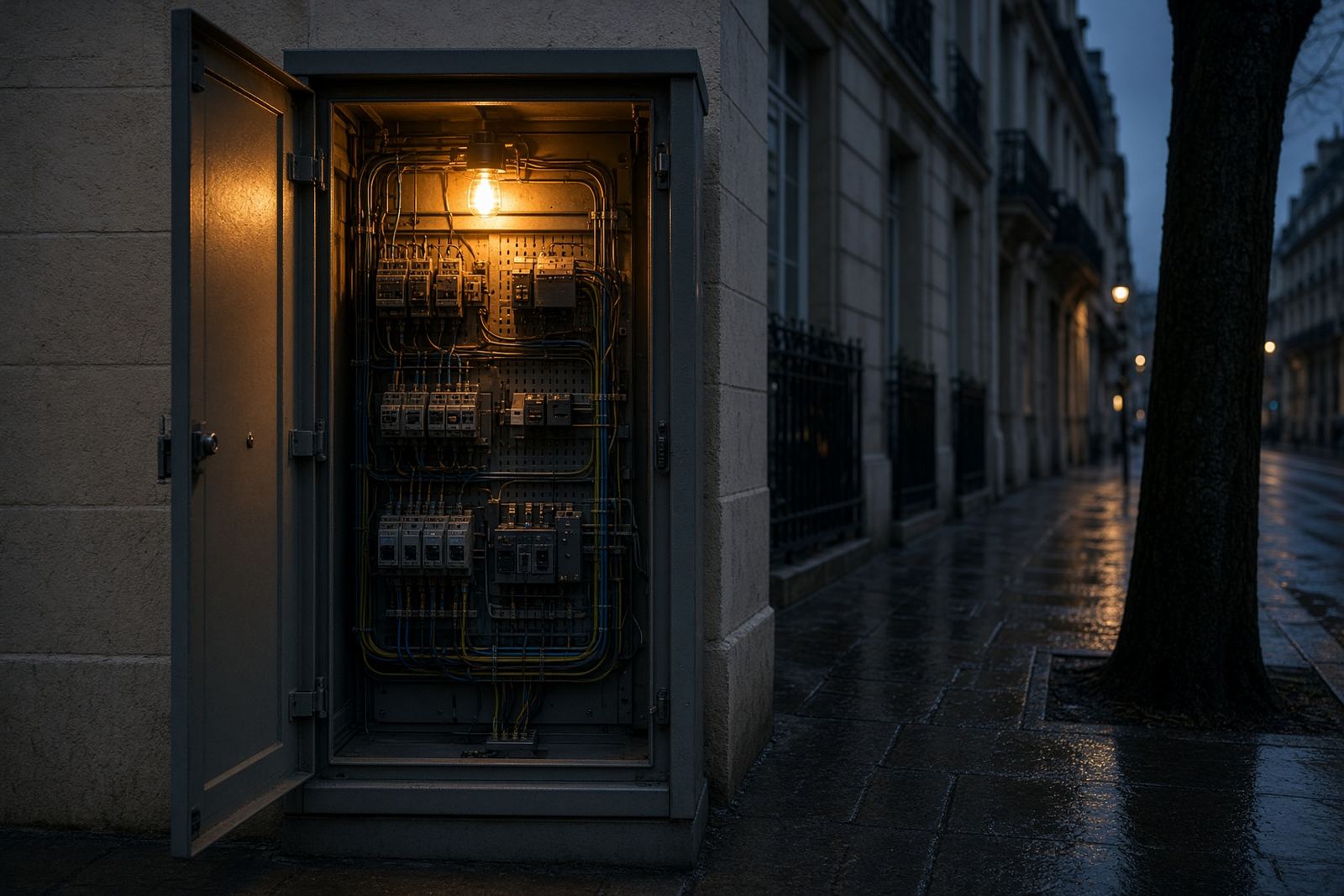 Une armoire d’éclairage ouverte sur un trottoir, au crépuscule