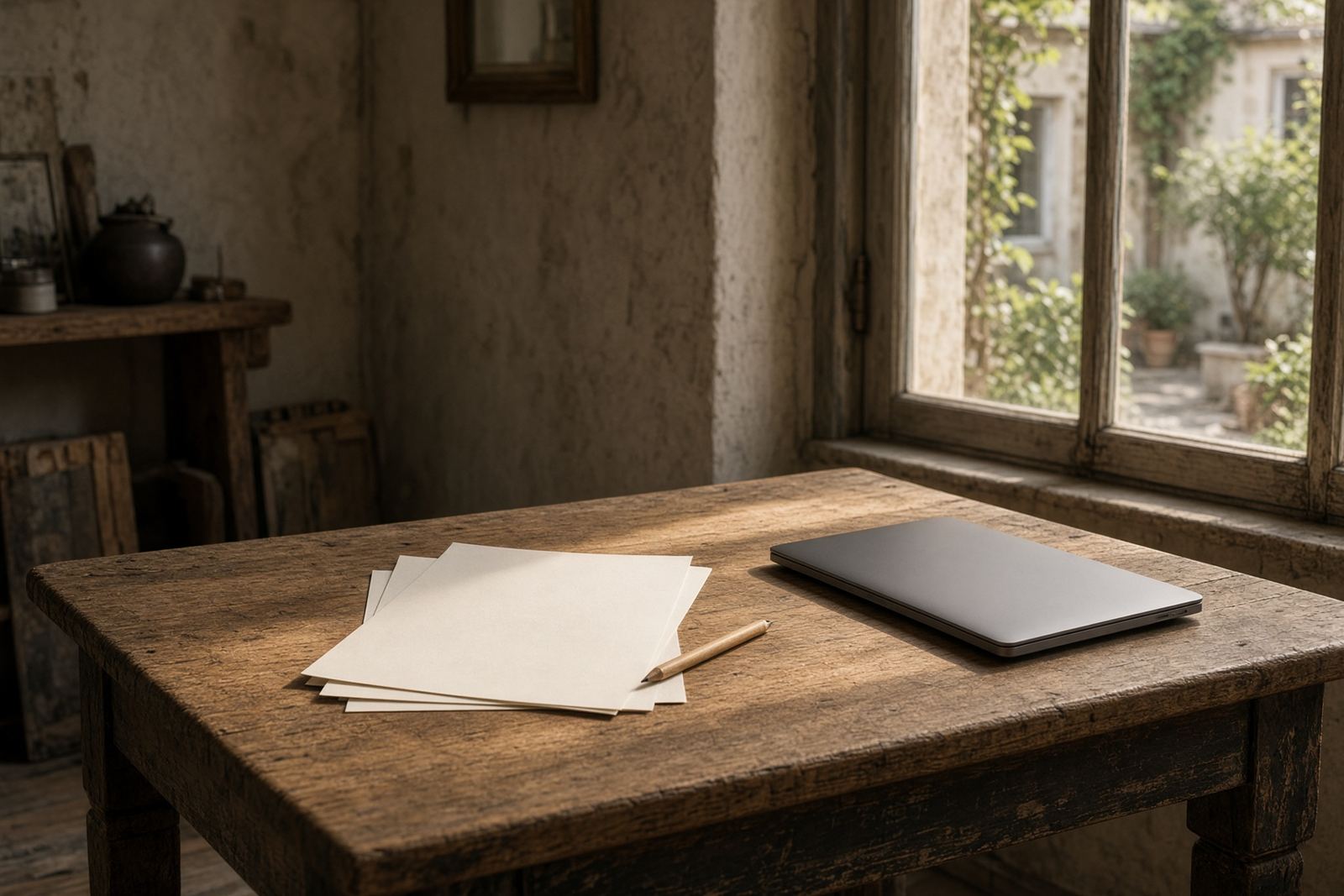 Une table de travail au jour, rapport et crayon, sans texte lisible