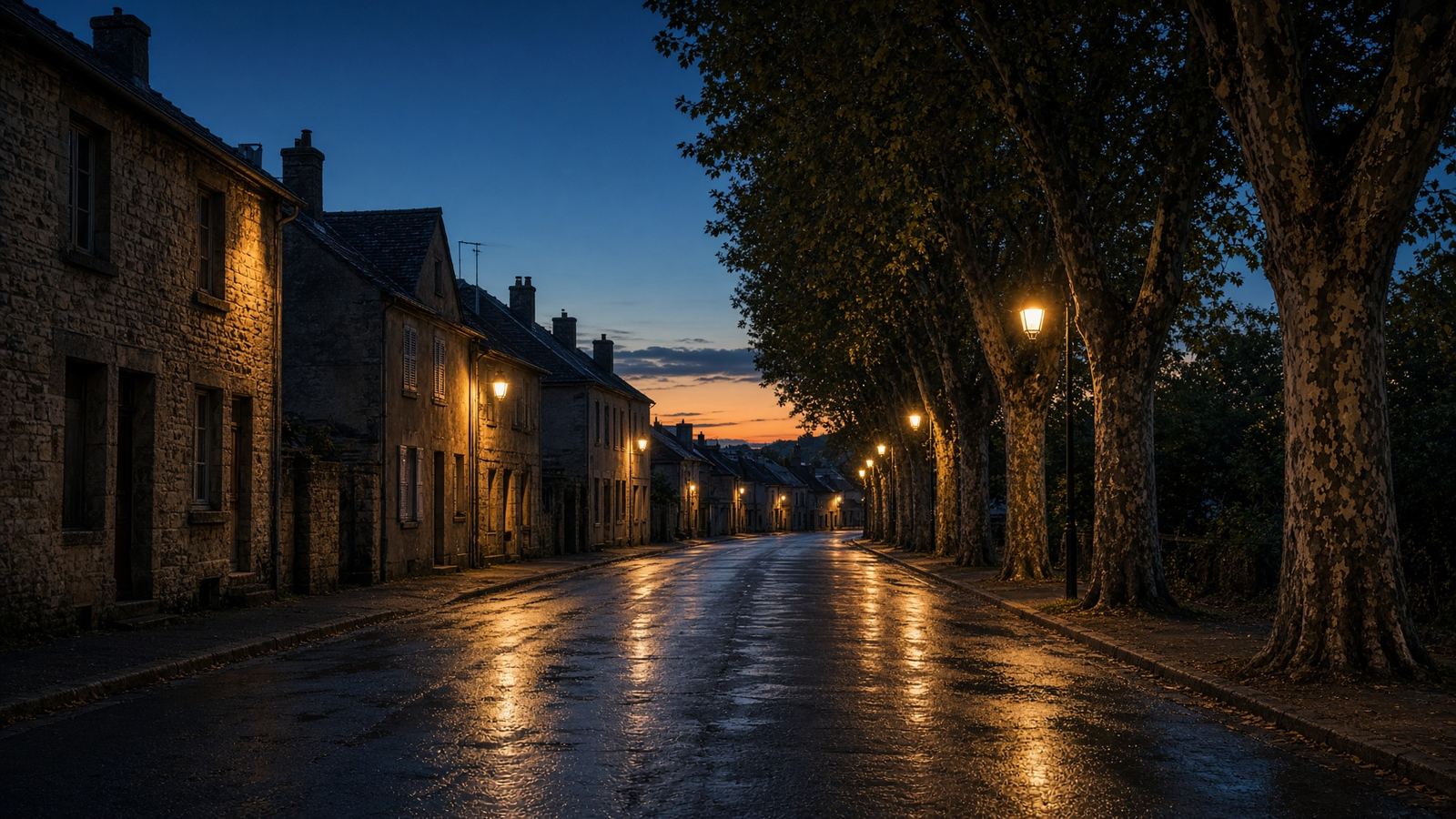 Une rue éclairée au crépuscule